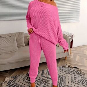 Off-Shoulder Knit Sweater and Pants Set pink, yellow, white and red set